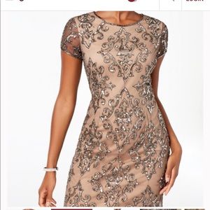 Adrianna Papell Tan Sequin Embellished Sheath Midi Dress